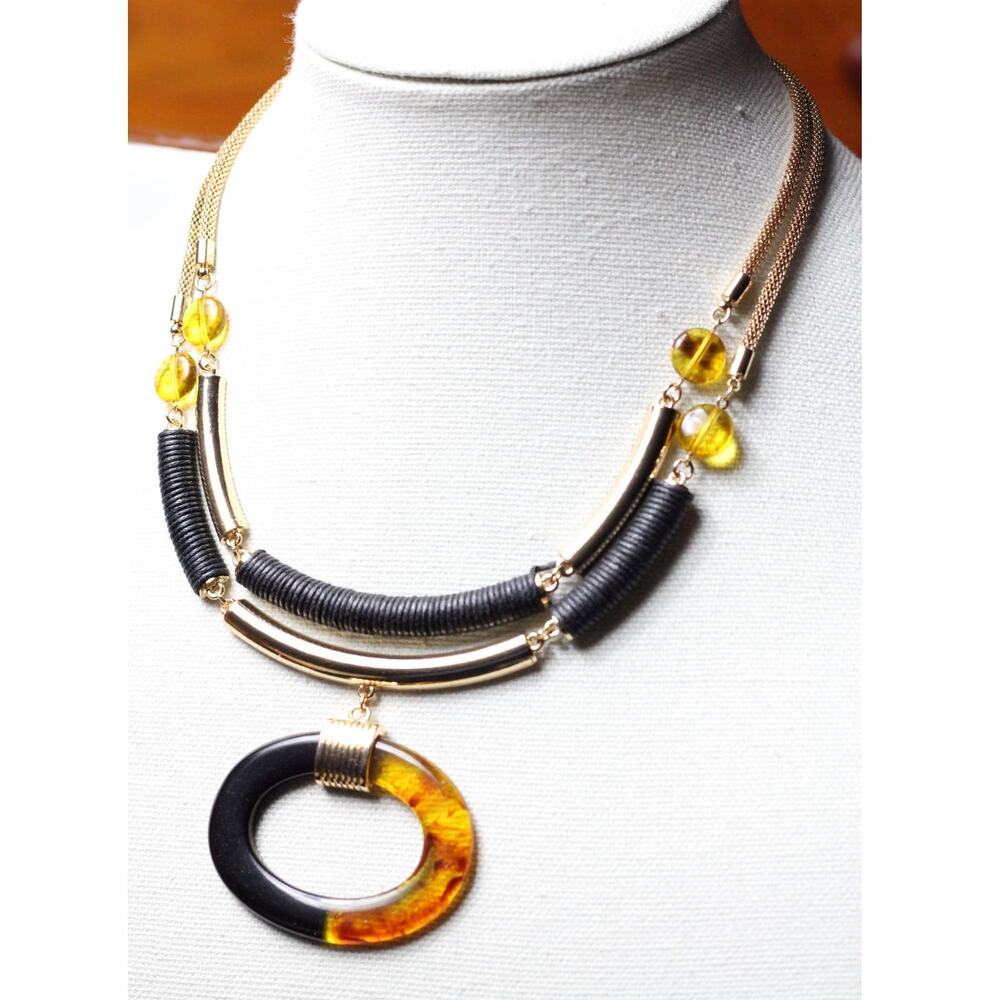 Gold Multicolor Resin Layered Chain Black Woven Wrap Necklace ~ NEW
